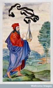 An alchemical adept carrying the vase of Hermes, which is inscribed ‘Let us go to seek the nature of the four elements’; from Salomon Trismosin’s sixteenth-century ‘Splendor solis’, Wellcome Library, London